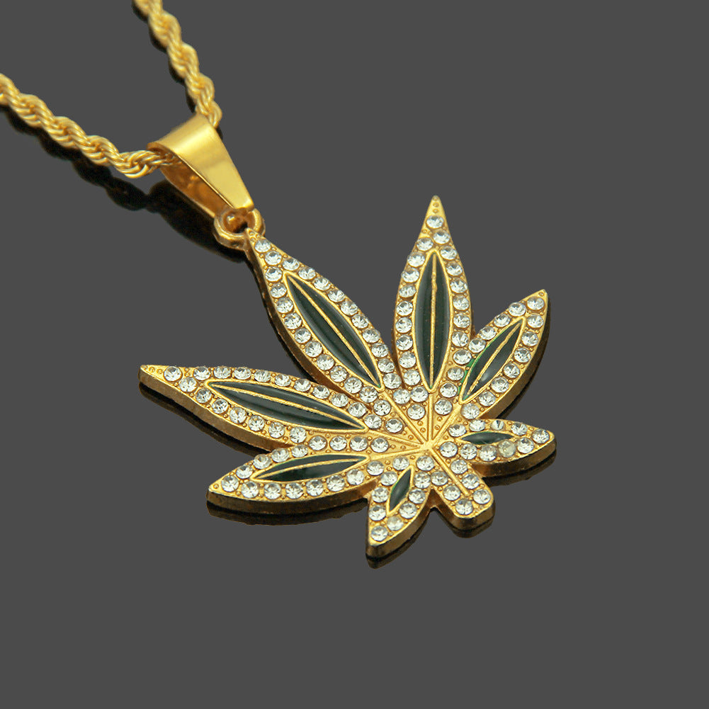 Punk Hip Hop Painting Oil Diamond-embedded Maple Leaves Pendant Neck Accessories Men - NON BRANDED SUPERMARKET