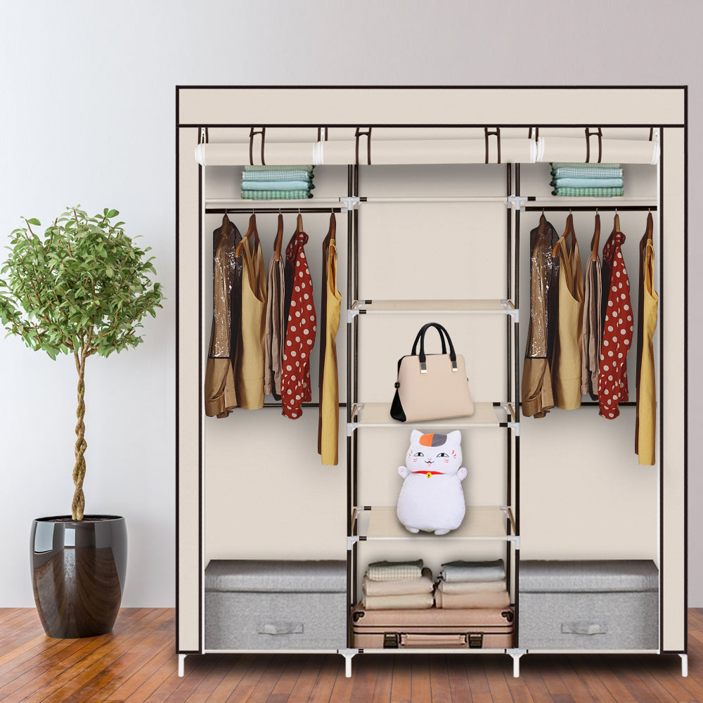 69" Portable Clothes Closet Non-Woven Fabric Wardrobe Double Rod Storage Organizer Beige - NON BRANDED SUPERMARKET