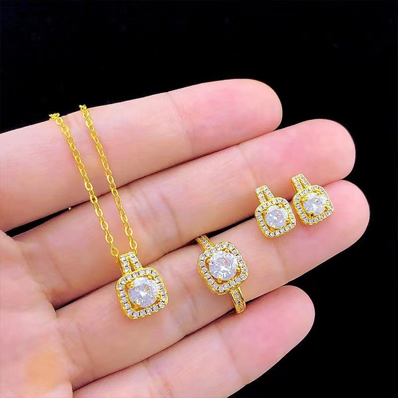 Fashion Jewelry Set Zircon Gem Pendant Chain Choker Necklace For Women Gold Color Stud Earring Statement Wedding Ring - NON BRANDED SUPERMARKET