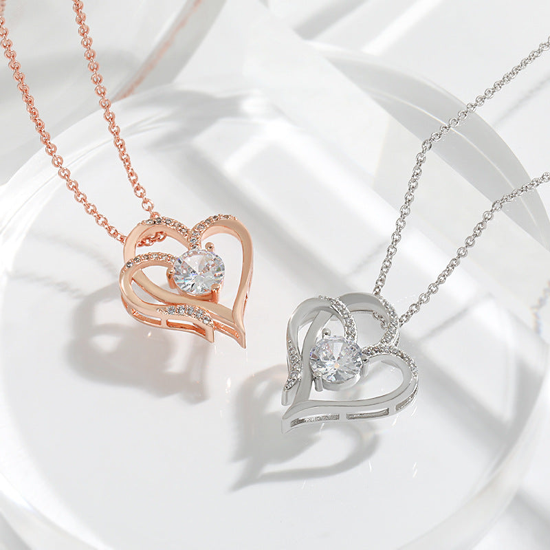 Zircon Double Love Necklace With Rhinestones Ins Personalized Heart-shaped Necklace Clavicle Chain Jewelry For Women Valentine's Day - NON BRANDED SUPERMARKET
