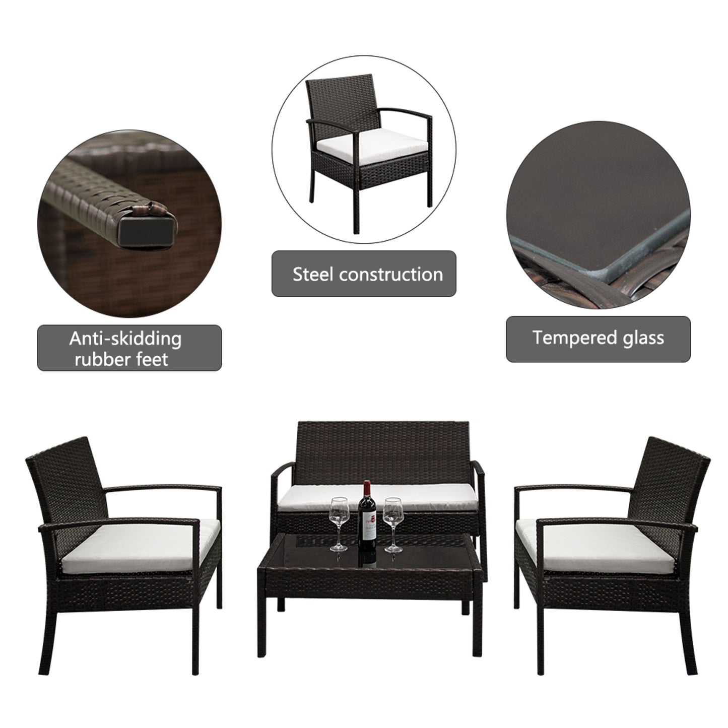 2pcs Arm Chairs 1pc Love Seat & Tempered Glass Coffee Table Rattan Sofa Set Brown Gradient - NON BRANDED SUPERMARKET