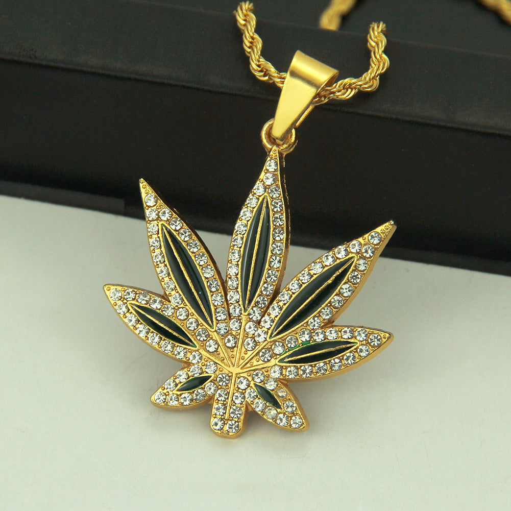 Punk Hip Hop Painting Oil Diamond-embedded Maple Leaves Pendant Neck Accessories Men - NON BRANDED SUPERMARKET