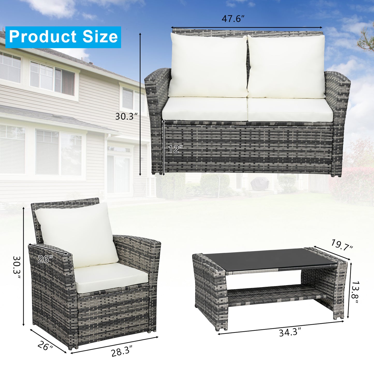 Outdoor Rattan Sofa Combination Four-piece Package-Grey (Combination Total 2 Boxes) - NON BRANDED SUPERMARKET