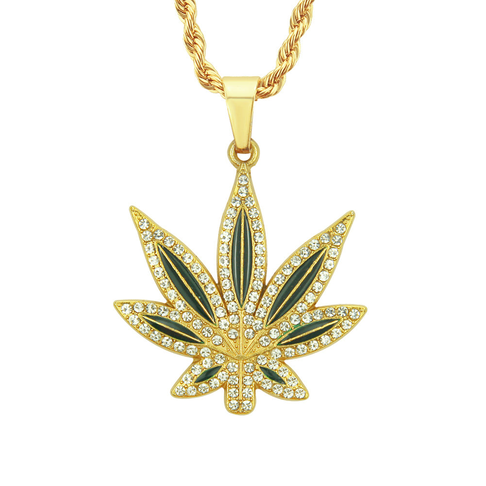 Punk Hip Hop Painting Oil Diamond-embedded Maple Leaves Pendant Neck Accessories Men - NON BRANDED SUPERMARKET