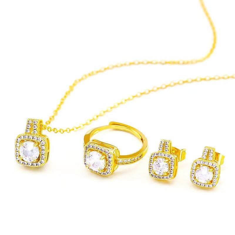 Fashion Jewelry Set Zircon Gem Pendant Chain Choker Necklace For Women Gold Color Stud Earring Statement Wedding Ring - NON BRANDED SUPERMARKET