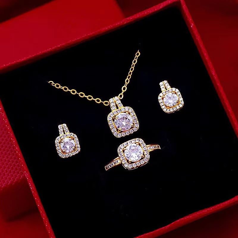 Fashion Jewelry Set Zircon Gem Pendant Chain Choker Necklace For Women Gold Color Stud Earring Statement Wedding Ring - NON BRANDED SUPERMARKET
