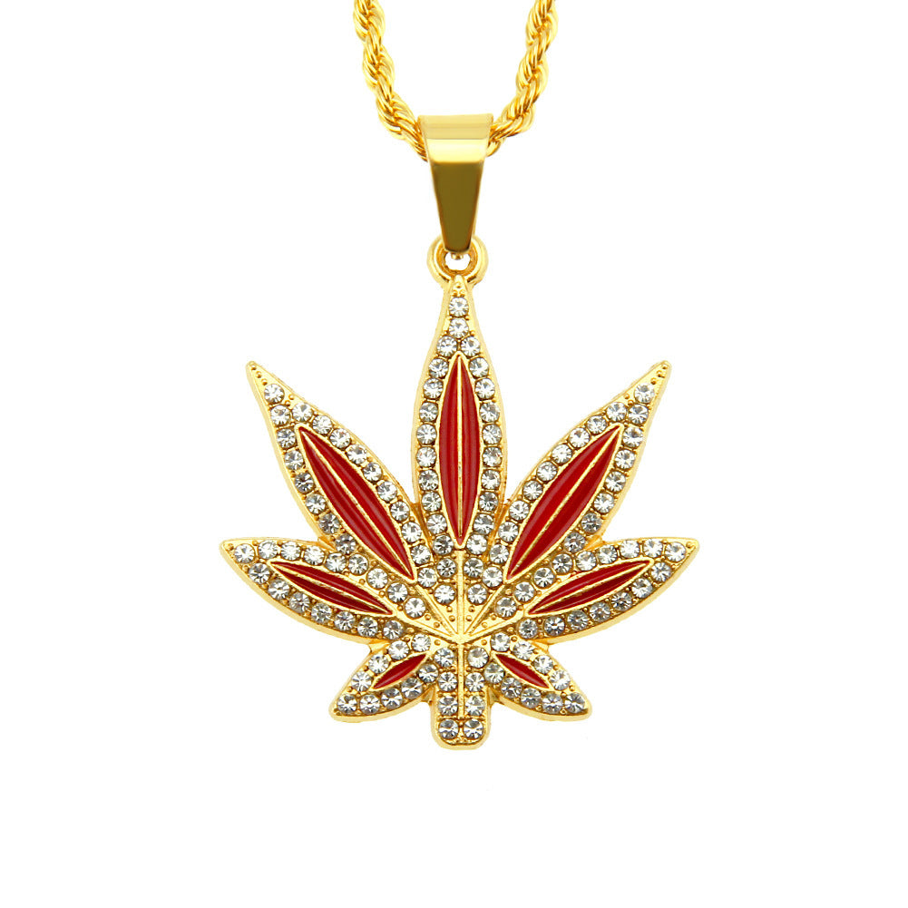 Punk Hip Hop Painting Oil Diamond-embedded Maple Leaves Pendant Neck Accessories Men - NON BRANDED SUPERMARKET