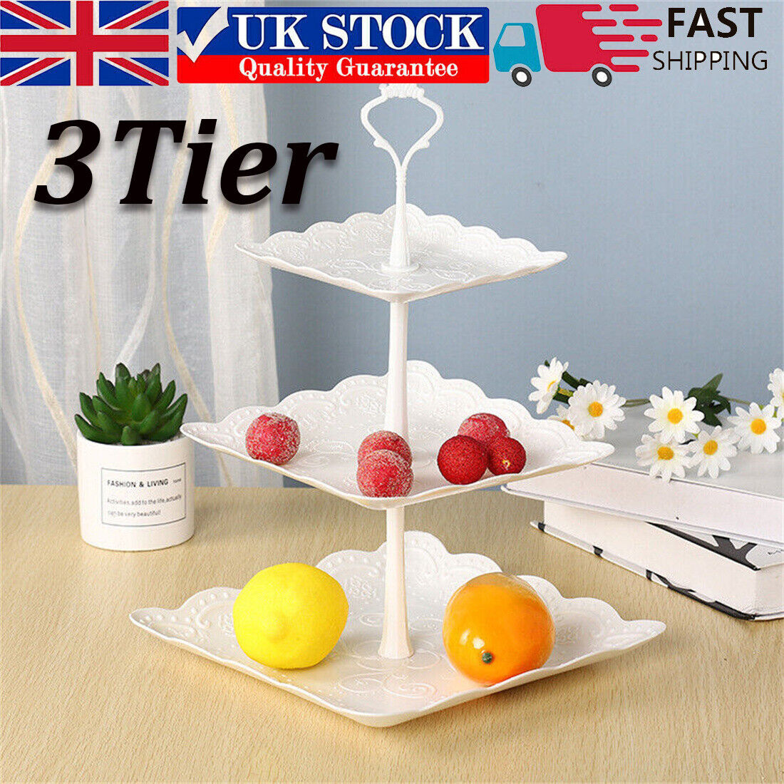 3Tier Cake Stand Afternoon Tea Wedding Party Plates Tableware Embossed Tray UK - NON BRANDED SUPERMARKET