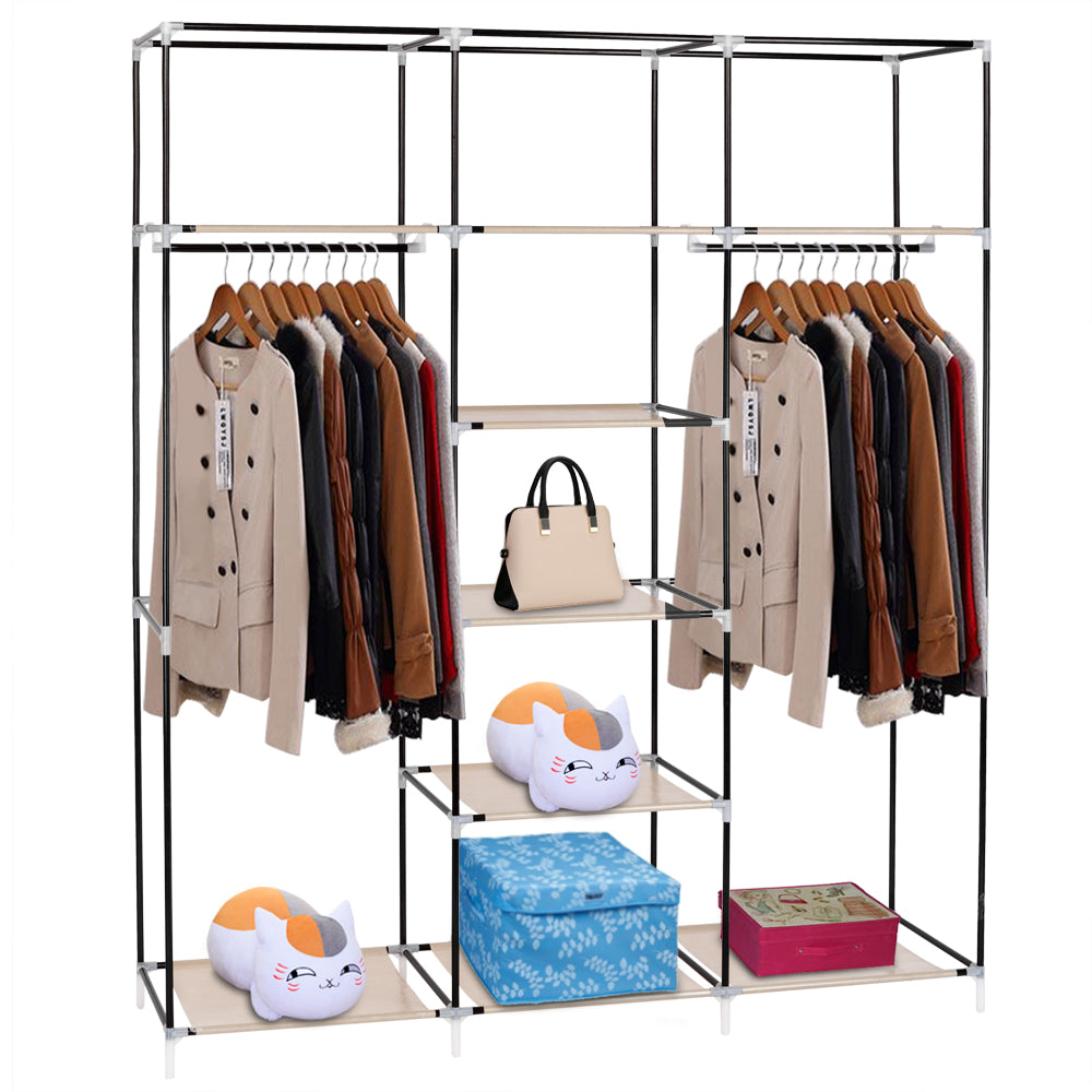69" Portable Clothes Closet Non-Woven Fabric Wardrobe Double Rod Storage Organizer Beige - NON BRANDED SUPERMARKET