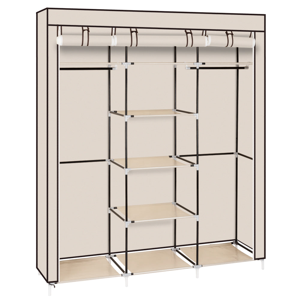 69" Portable Clothes Closet Non-Woven Fabric Wardrobe Double Rod Storage Organizer Beige - NON BRANDED SUPERMARKET