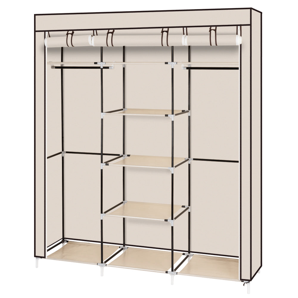 69" Portable Clothes Closet Non-Woven Fabric Wardrobe Double Rod Storage Organizer Beige - NON BRANDED SUPERMARKET
