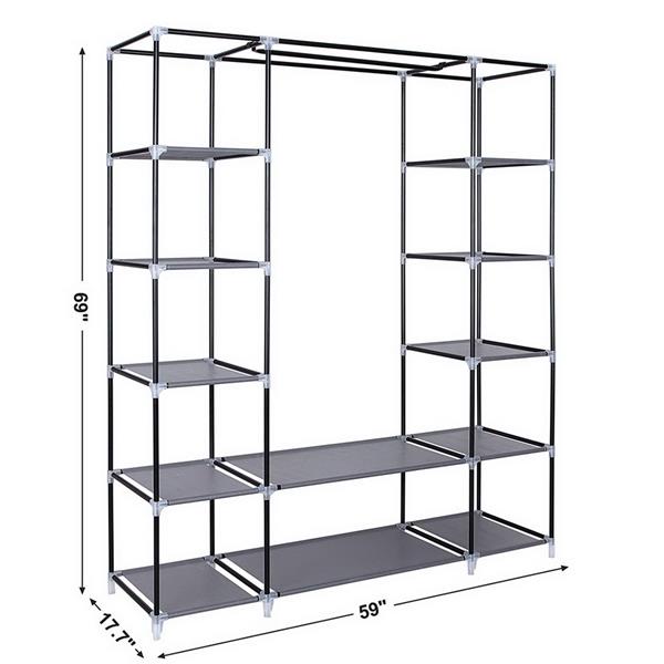 69" Portable Clothes Closet Wardrobe Storage Organizer with Non-Woven Fabric Quick and Easy to Assemble Extra Strong and Durable Gray - NON BRANDED SUPERMARKET 